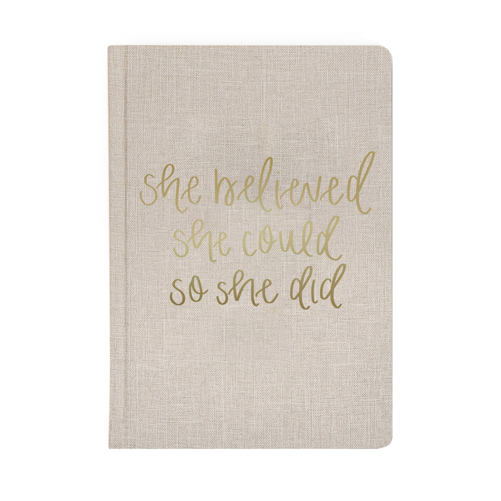 She Believed She Could - Tan and Gold Foil Fabric Journal - JMCandles and Home