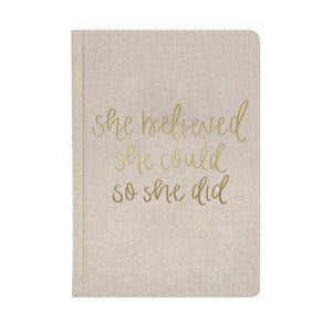 She Believed She Could - Tan and Gold Foil Fabric Journal - JMCandles and Home